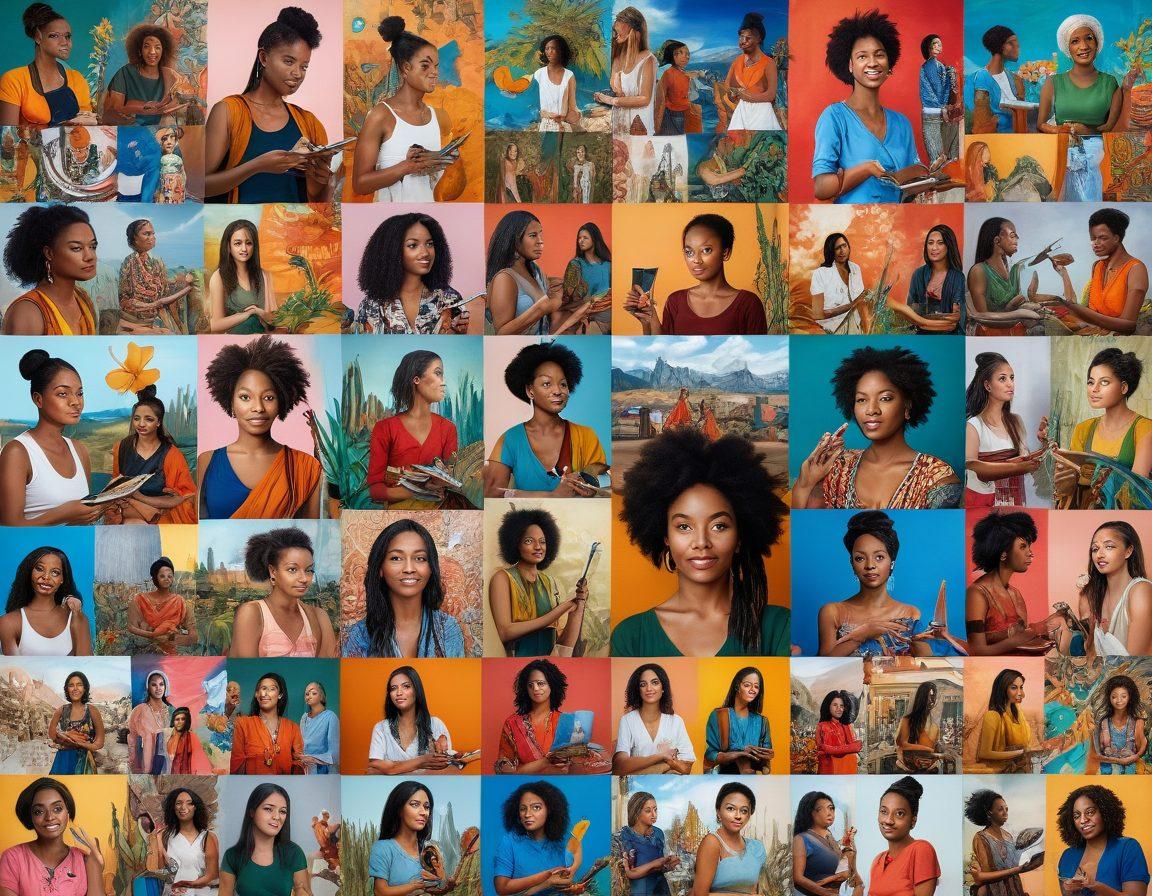 A vibrant collage of diverse women from around the world engaged in storytelling through various mediums like photography, painting, and digital art. Each woman is depicted in a unique environment that reflects her cultural background, surrounded by elements representing empowerment, creativity, and connection. Include a backdrop of varied landscapes symbolizing global perspectives. Bright and inspiring colors to evoke energy and positivity. super-realistic. vibrant colors.