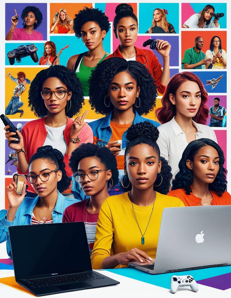 A captivating scene featuring a diverse group of women engaged in various forms of online entertainment, such as streaming movies, playing video games, and creating vlogs, set against a vibrant digital backdrop filled with icons representing different genres and platforms. The atmosphere should feel empowering and dynamic, with bright colors and modern tech elements surrounding them. super-realistic. vibrant colors. white background.