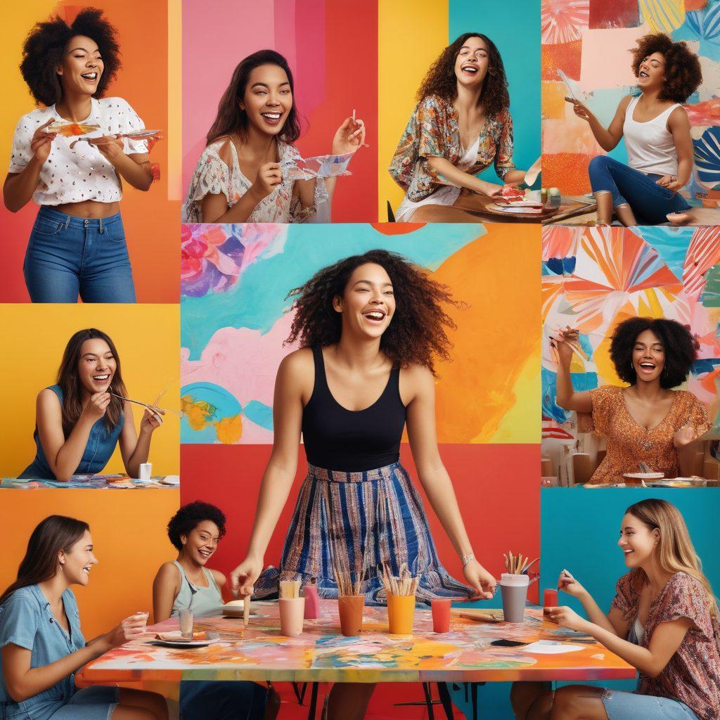 A vibrant collage showcasing diverse women engaged in various youthful entertainment activities such as laughing at a trendy cafe, painting, watching a dynamic concert, participating in a dance class, and enjoying a movie night with friends. Bright colors and playful patterns fill the background, expressing joy and energy. Emphasize a sense of community and empowerment. modern design. vibrant colors. 3D.